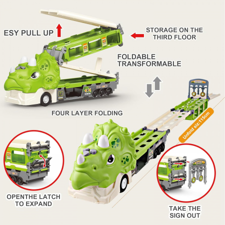 Jucarie camion dinozaur Giftry®, pista pliabila, 2 moduri joc, 6 masinute, 12 semne circulatie, sunete si lumini, 3-8 ani, verde [3]