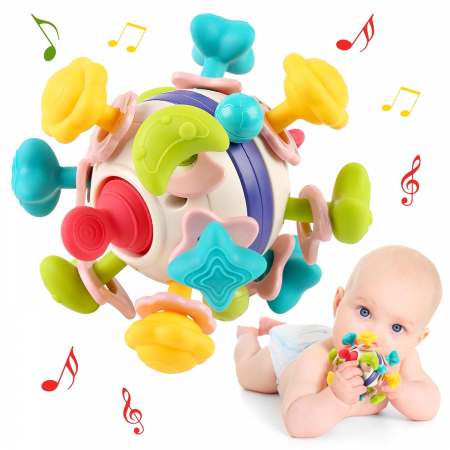 Jucării - Jucarie Dentitie Bebelusi Giftry® – Minge Teether Montessori 2 in 1, Zornaitoare Fara BPA, Amelioreaza Disconfortul Gingival, Stimuleaza Dezvoltarea Motorie, 0-18 Luni
