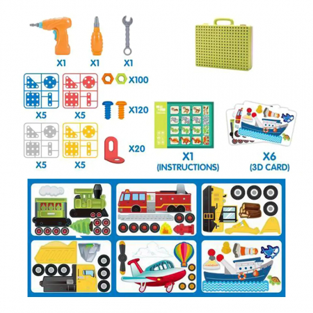 Jucarie educativa si interactiva Giftry®, set constructie Montessori cu bormasina,331 piese, masini, inginerie 2D-3D, 3-10 ani [4]