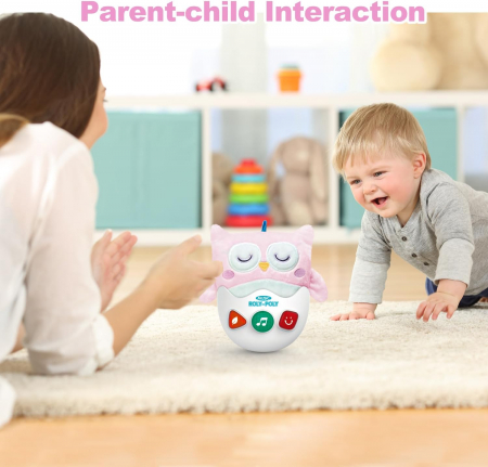 Jucarie interactiva de plus Giftry®, model bufnita, elemente senzoriale, muzica si lumini, roz, 6 luni + [2]