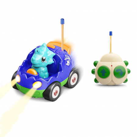 Jucării - Jucarie masina dinozaur cu telecomanda Giftry®, RC car cu muzica si lumini LED, pentru baieti si fete 3-5 ani, Albastru