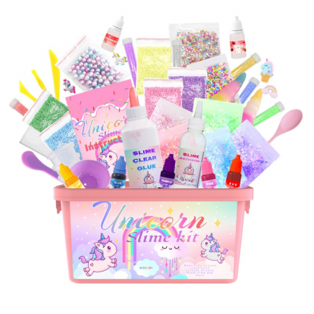 Kit Giftry® creatie slime, model unicorn, spuma colorata, margele, pulbere fosforescenta, glitter, multiple accesorii, joc distractiv, interactiv, varsta 6-12 ani