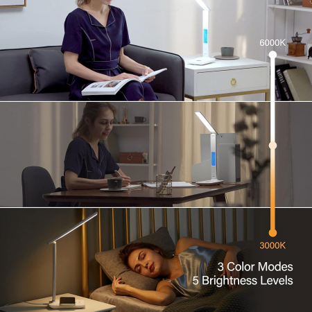 Lampa de birou cu LED, incarcator wireless, port USB, ceas, alarma, termometru, control tactil, 5 niveluri de iluminare, alb [8]