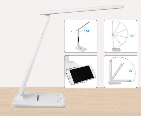 Lampa de birou cu LED, incarcator wireless, port USB, ceas, alarma, termometru, control tactil, 5 niveluri de iluminare, alb [5]