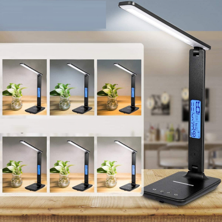 Lampa de birou cu LED, incarcator wireless, port USB, ceas, alarma, termometru, control tactil, 5 niveluri de iluminare, negru [9]