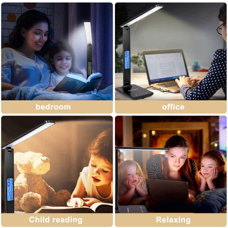Lampa de birou cu LED, incarcator wireless, port USB, ceas, alarma, termometru, control tactil, 5 niveluri de iluminare, negru [7]