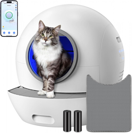 Accesorii animale companie - Litiera Automata Smart Giftry®, 60L, functie Inteligenta Autocuratare, Sterilizare, Eliminare Mirosuri, Indicator LED, Control prin Aplicatie, Covoras Special, alb-gri