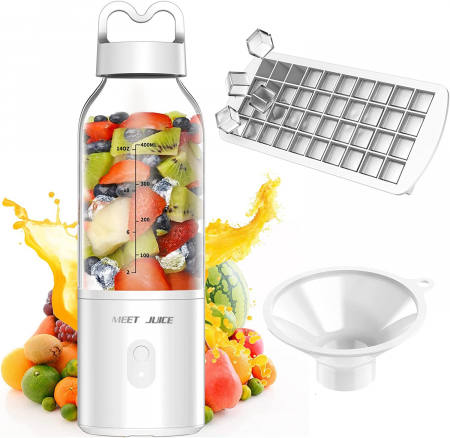 Blender - Mini Blender Electric Giftry®, Portabil/Multifunctional, Wireless, Capacitate 500 ml, Baterie reincarcabila, Tava cuburi gheata, Palnie, Alb