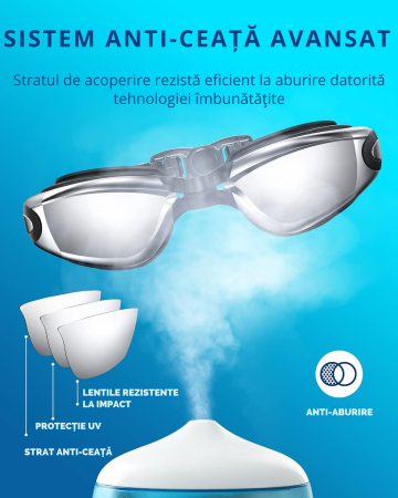 Ochelari de inot profesionali unisex, Giftry®, Policarbonat/Silicon, Anti-UV/ anti-aburire, marime reglabila, argintiu [1]