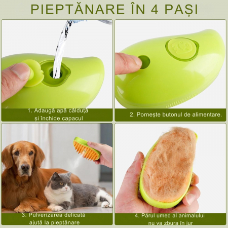 Perie cu aburi 3 in 1 pentru animale de companie – Giftry®, Curatare delicata, masaj relaxant, reincarcare USB, potrivita pentru pisici si caini, Verde [1]