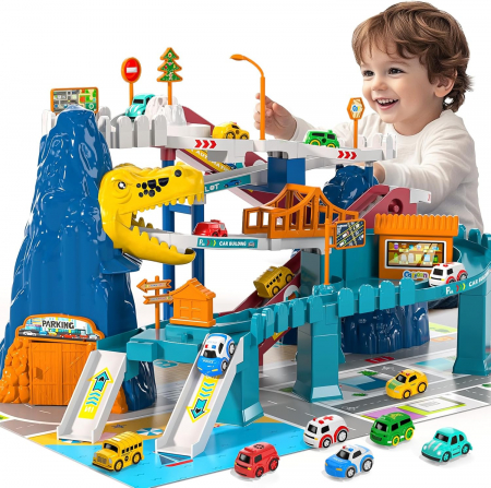 Jucării - Pista de curse cu dinozauri, Giftry®,  set de joaca educativ si distractiv, cu pista pentru masinute si dinozauri, include 10 masinute mini, cadou perfect pentru baieti si fete de 3-8 ani