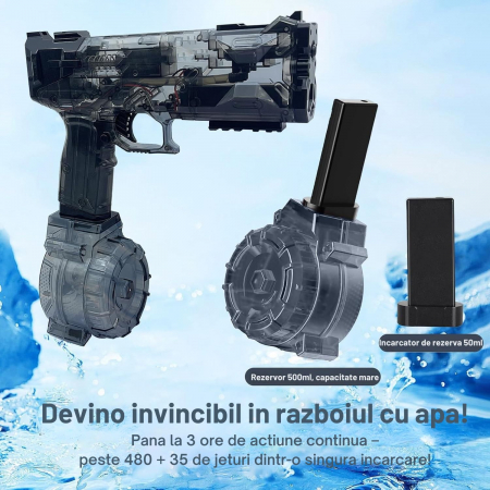 Pistol cu Apa Electric cu Acumulator Giftry®, Jet Puternic, Rezervor 500ml, Design Transparent, Culoare Negru – Jucarie Vara Copii si Adulti, Piscina si Plaja [1]