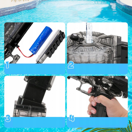 Pistol cu Apa Electric cu Acumulator Giftry®, Jet Puternic, Rezervor 500ml, Design Transparent, Culoare Negru – Jucarie Vara Copii si Adulti, Piscina si Plaja [4]