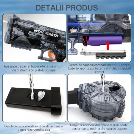 Pistol cu Apa Electric cu Acumulator Giftry®, Jet Puternic, Rezervor 500ml, Design Transparent, Culoare Negru – Jucarie Vara Copii si Adulti, Piscina si Plaja [2]