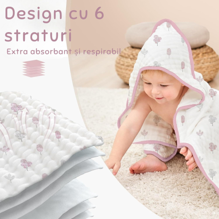 Prosoape de Muselină cu Glugă Giftry®, 80x80 cm, Set 2 Bucăți – 100% Bumbac Natural, 6 Straturi, Ultra Moi și Absorbante, Cadou pentru Nou-Născuți și Copii, Alb/Roz Model Frunze [4]