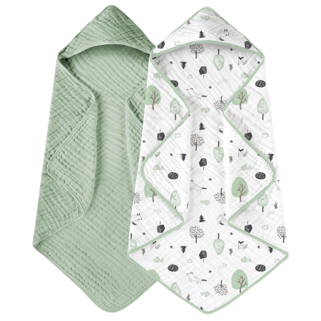 Produse îngrijire bebe - Prosoape de Muselină cu Glugă Giftry®, 80x80 cm, Set 2 Bucăți – 100% Bumbac Natural, 6 Straturi, Ultra Moi și Absorbante, Cadou pentru Nou-Născuți și Copii, Verde/Alb Model Copaci