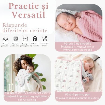 Prosoape de Muselină cu Glugă Giftry®, 80x80 cm, Set 2 Bucăți – 100% Bumbac Natural, 6 Straturi, Ultra Moi și Absorbante, Cadou pentru Nou-Născuți și Copii, Alb/Roz Model Frunze [1]