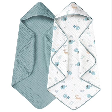 Produse îngrijire bebe - Prosoape de Muselină cu Glugă Giftry®, 80x80 cm, Set 2 Bucăți – 100% Bumbac Natural, 6 Straturi, Ultra Moi și Absorbante, Cadou pentru Nou-Născuți și Copii, Albastru/Alb Model Elefanti
