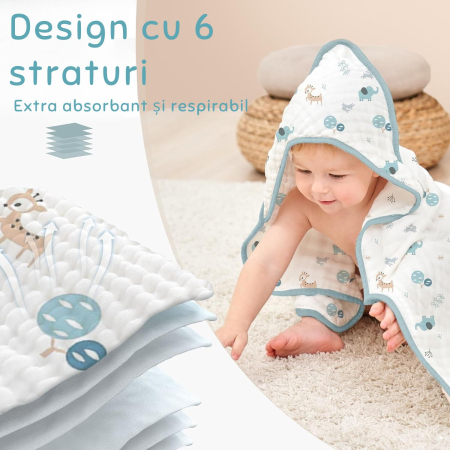 Prosoape de Muselină cu Glugă Giftry®, 80x80 cm, Set 2 Bucăți – 100% Bumbac Natural, 6 Straturi, Ultra Moi și Absorbante, Cadou pentru Nou-Născuți și Copii, Albastru/Alb Model Elefanti [4]