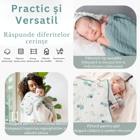 Prosoape de Muselină cu Glugă Giftry®, 80x80 cm, Set 2 Bucăți – 100% Bumbac Natural, 6 Straturi, Ultra Moi și Absorbante, Cadou pentru Nou-Născuți și Copii, Albastru/Alb Model Elefanti [1]