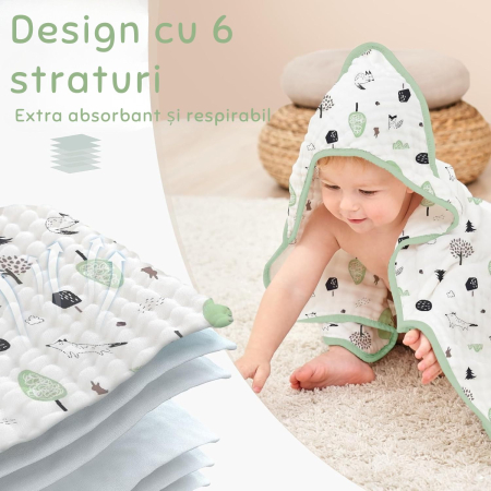 Prosoape de Muselină cu Glugă Giftry®, 80x80 cm, Set 2 Bucăți – 100% Bumbac Natural, 6 Straturi, Ultra Moi și Absorbante, Cadou pentru Nou-Născuți și Copii, Verde/Alb Model Copaci [4]