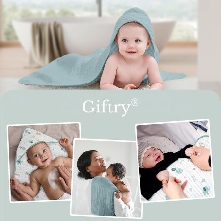 Prosoape de Muselină cu Glugă Giftry®, 80x80 cm, Set 2 Bucăți – 100% Bumbac Natural, 6 Straturi, Ultra Moi și Absorbante, Cadou pentru Nou-Născuți și Copii, Albastru/Alb Model Elefanti [5]