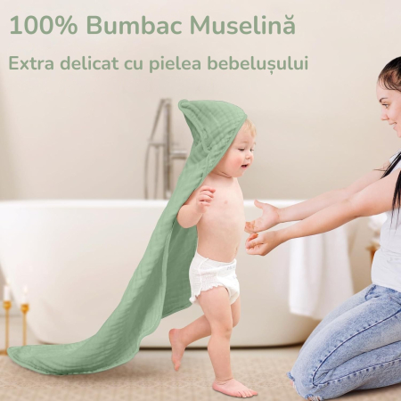 Prosoape de Muselină cu Glugă Giftry®, 80x80 cm, Set 2 Bucăți – 100% Bumbac Natural, 6 Straturi, Ultra Moi și Absorbante, Cadou pentru Nou-Născuți și Copii, Verde/Alb Model Copaci [3]