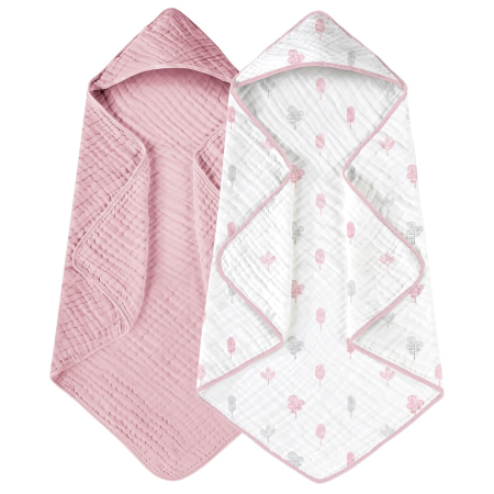 Produse îngrijire bebe - Prosoape de Muselină cu Glugă Giftry®, 80x80 cm, Set 2 Bucăți – 100% Bumbac Natural, 6 Straturi, Ultra Moi și Absorbante, Cadou pentru Nou-Născuți și Copii, Alb/Roz Model Frunze