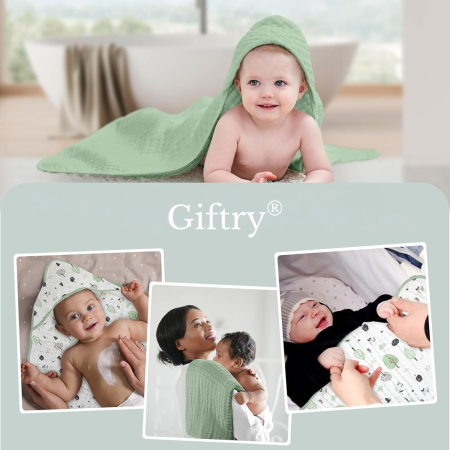 Prosoape de Muselină cu Glugă Giftry®, 80x80 cm, Set 2 Bucăți – 100% Bumbac Natural, 6 Straturi, Ultra Moi și Absorbante, Cadou pentru Nou-Născuți și Copii, Verde/Alb Model Copaci [5]