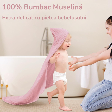 Prosoape de Muselină cu Glugă Giftry®, 80x80 cm, Set 2 Bucăți – 100% Bumbac Natural, 6 Straturi, Ultra Moi și Absorbante, Cadou pentru Nou-Născuți și Copii, Alb/Roz Model Frunze [3]