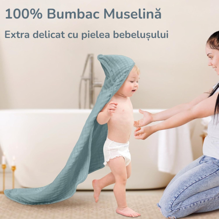 Prosoape de Muselină cu Glugă Giftry®, 80x80 cm, Set 2 Bucăți – 100% Bumbac Natural, 6 Straturi, Ultra Moi și Absorbante, Cadou pentru Nou-Născuți și Copii, Albastru/Alb Model Elefanti [3]