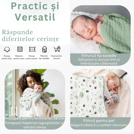 Prosoape de Muselină cu Glugă Giftry®, 80x80 cm, Set 2 Bucăți – 100% Bumbac Natural, 6 Straturi, Ultra Moi și Absorbante, Cadou pentru Nou-Născuți și Copii, Verde/Alb Model Copaci [1]