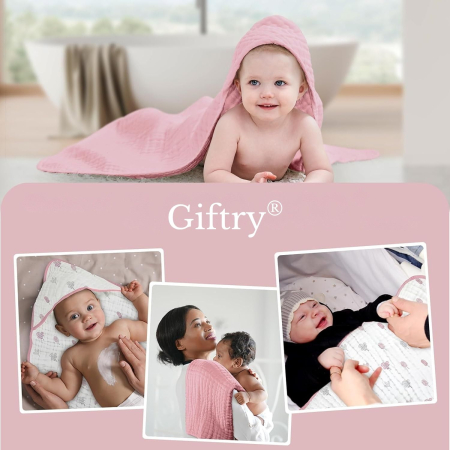 Prosoape de Muselină cu Glugă Giftry®, 80x80 cm, Set 2 Bucăți – 100% Bumbac Natural, 6 Straturi, Ultra Moi și Absorbante, Cadou pentru Nou-Născuți și Copii, Alb/Roz Model Frunze [5]