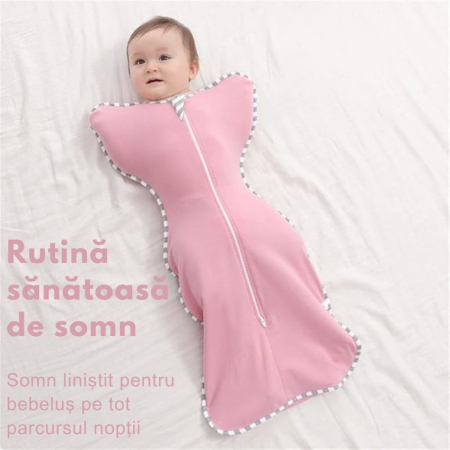 Sac de dormit bebelusi Giftry®, sistem infasat, marimea M (3–6 luni / 6–8.5 kg), 1.0 TOG, fermoar dublu, roz, 93% bumbac [1]