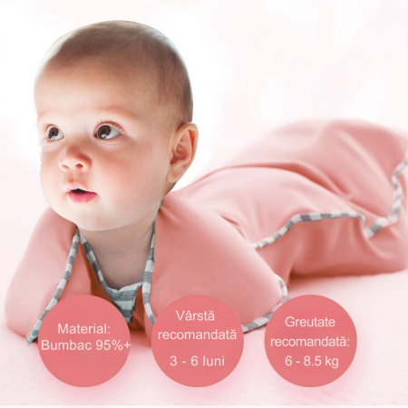Sac de dormit bebelusi Giftry®, sistem infasat, marimea M (3–6 luni / 6–8.5 kg), 1.0 TOG, fermoar dublu, roz, 93% bumbac [2]