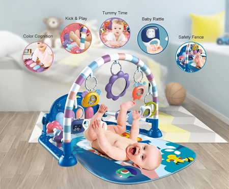 Saltea de activitati pentru bebelusi, covoras multifunctional, interactiv, 5 jucarii senzoriale, albastru, 0 luni + [2]
