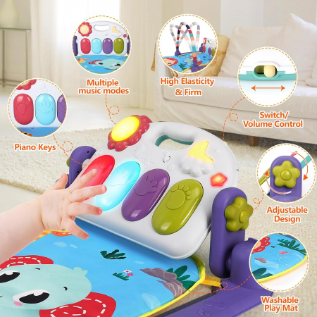 Saltea de activitati XXL pentru bebelusi Giftry®, covoras de joaca multifunctional, model jungla, interactiv, 5 jucarii senzoriale, muzica si lumini, albastru, 0 luni + [6]