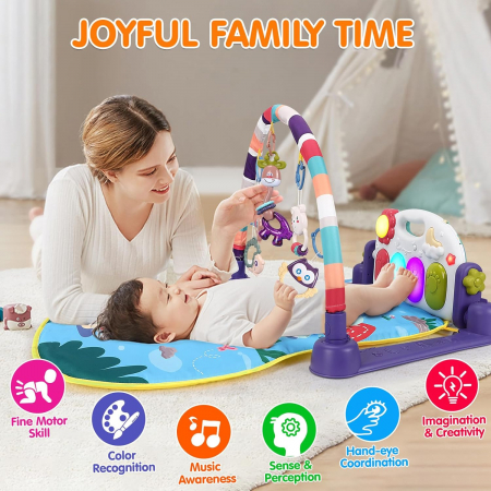 Saltea de activitati XXL pentru bebelusi Giftry®, covoras de joaca multifunctional, model jungla, interactiv, 5 jucarii senzoriale, muzica si lumini, albastru, 0 luni + [2]