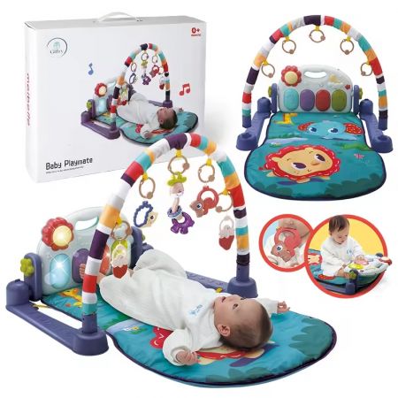 Saltea de activitati XXL pentru bebelusi Giftry®, covoras de joaca multifunctional, model jungla, interactiv, 5 jucarii senzoriale, muzica si lumini, albastru, 0 luni + [7]