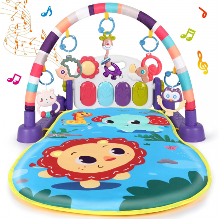 Jucării - Saltea de activitati XXL pentru bebelusi Giftry®, covoras de joaca multifunctional, model jungla, interactiv, 5 jucarii senzoriale, muzica si lumini, albastru, 0 luni +