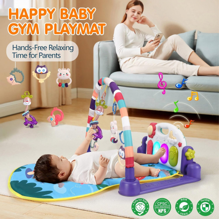 Saltea de activitati XXL pentru bebelusi Giftry®, covoras de joaca multifunctional, model jungla, interactiv, 5 jucarii senzoriale, muzica si lumini, albastru, 0 luni + [5]