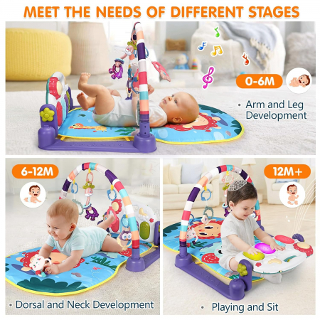 Saltea de activitati XXL pentru bebelusi Giftry®, covoras de joaca multifunctional, model jungla, interactiv, 5 jucarii senzoriale, muzica si lumini, albastru, 0 luni + [3]