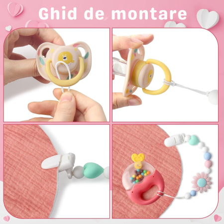 Set 2 Lantisoare pentru Suzete din Silicon Alimentar Giftry®  – Design Floarea-Soarelui, Universal pentru Suzete si Jucarii Dentitie, Cadou Ideal, (Roz & Verde) [5]