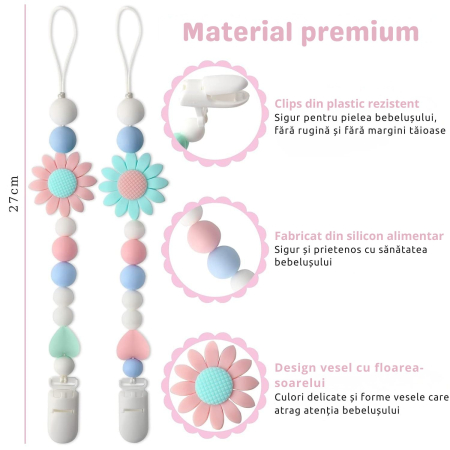 Set 2 Lantisoare pentru Suzete din Silicon Alimentar Giftry®  – Design Floarea-Soarelui, Universal pentru Suzete si Jucarii Dentitie, Cadou Ideal, (Roz & Verde) [3]