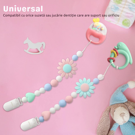 Set 2 Lantisoare pentru Suzete din Silicon Alimentar Giftry®  – Design Floarea-Soarelui, Universal pentru Suzete si Jucarii Dentitie, Cadou Ideal, (Roz & Verde) [8]