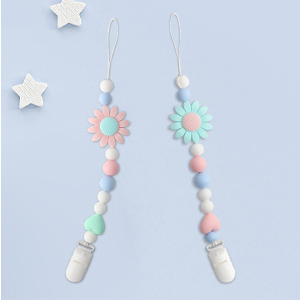 Set 2 Lantisoare pentru Suzete din Silicon Alimentar Giftry®  – Design Floarea-Soarelui, Universal pentru Suzete si Jucarii Dentitie, Cadou Ideal, (Roz & Verde) [1]