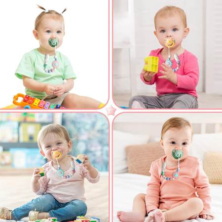 Set 2 Lantisoare pentru Suzete din Silicon Alimentar Giftry®  – Design Floarea-Soarelui, Universal pentru Suzete si Jucarii Dentitie, Cadou Ideal, (Roz & Verde) [6]