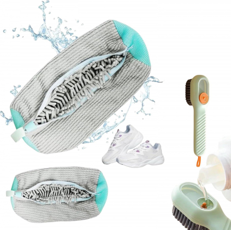 Accesorii baie - Set 2 Saci de Curatare pentru Pantofi si Perie cu Dispenser Giftry®  - Solutie Premium pentru curatarea incaltamintei, pentru toate tipurile de pantofi, ideal pentru masina de spalat si uscat