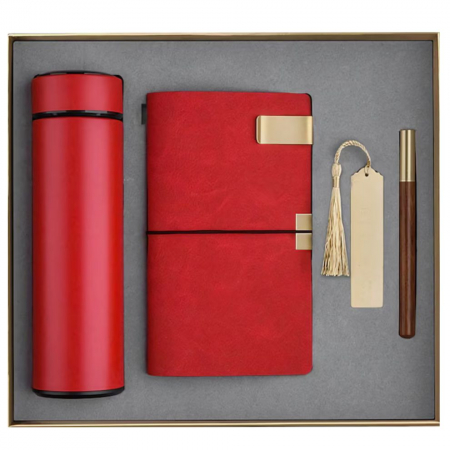 Accesorii bauturi/ Cadouri - Set Cadou Femei Giftry® – 5 Produse Premium: Termos Inox, Agenda A6 Piele Ecologica, Pix Elegant, Semn de Carte, Clips Metalic – Cutie Cadou, Ideal pentru Sotie, Mama, Fiica, Sora, Rosu
