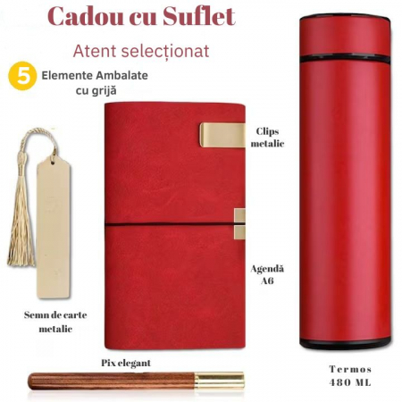 Set Cadou Femei Giftry® – 5 Produse Premium: Termos Inox, Agenda A6 Piele Ecologica, Pix Elegant, Semn de Carte, Clips Metalic – Cutie Cadou, Ideal pentru Sotie, Mama, Fiica, Sora, Rosu [1]